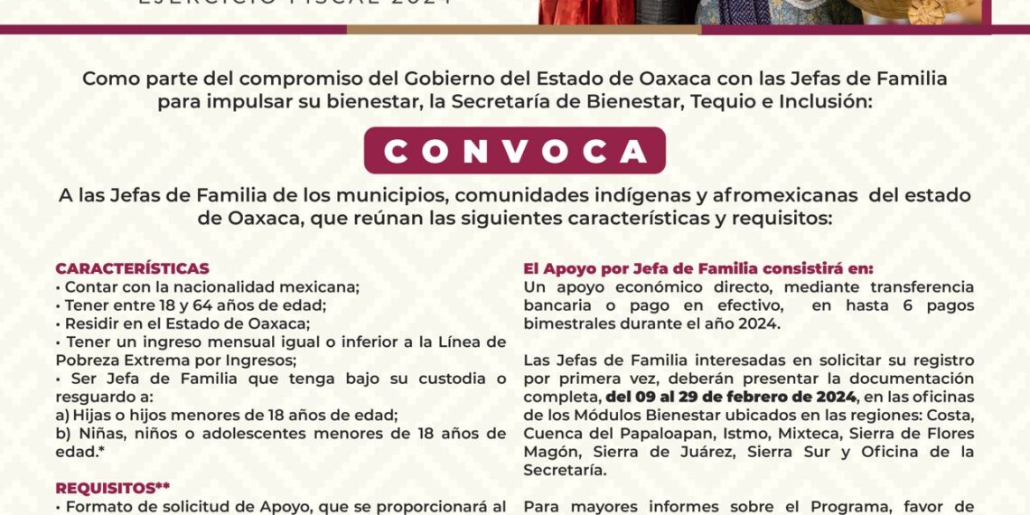 Lanza Gobierno de Oaxaca convocatoria para programa Atención a Jefas de Familia, Tarjeta Margarita Maza 2024